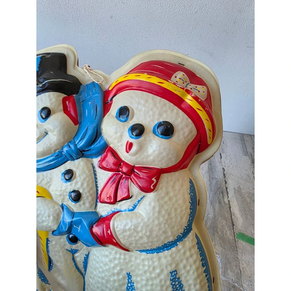 Vintage flat blow mold light up snowman couple hanging Xmas vintage decor